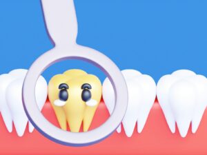 Une dent de dessin animé avec une loupe devant elle